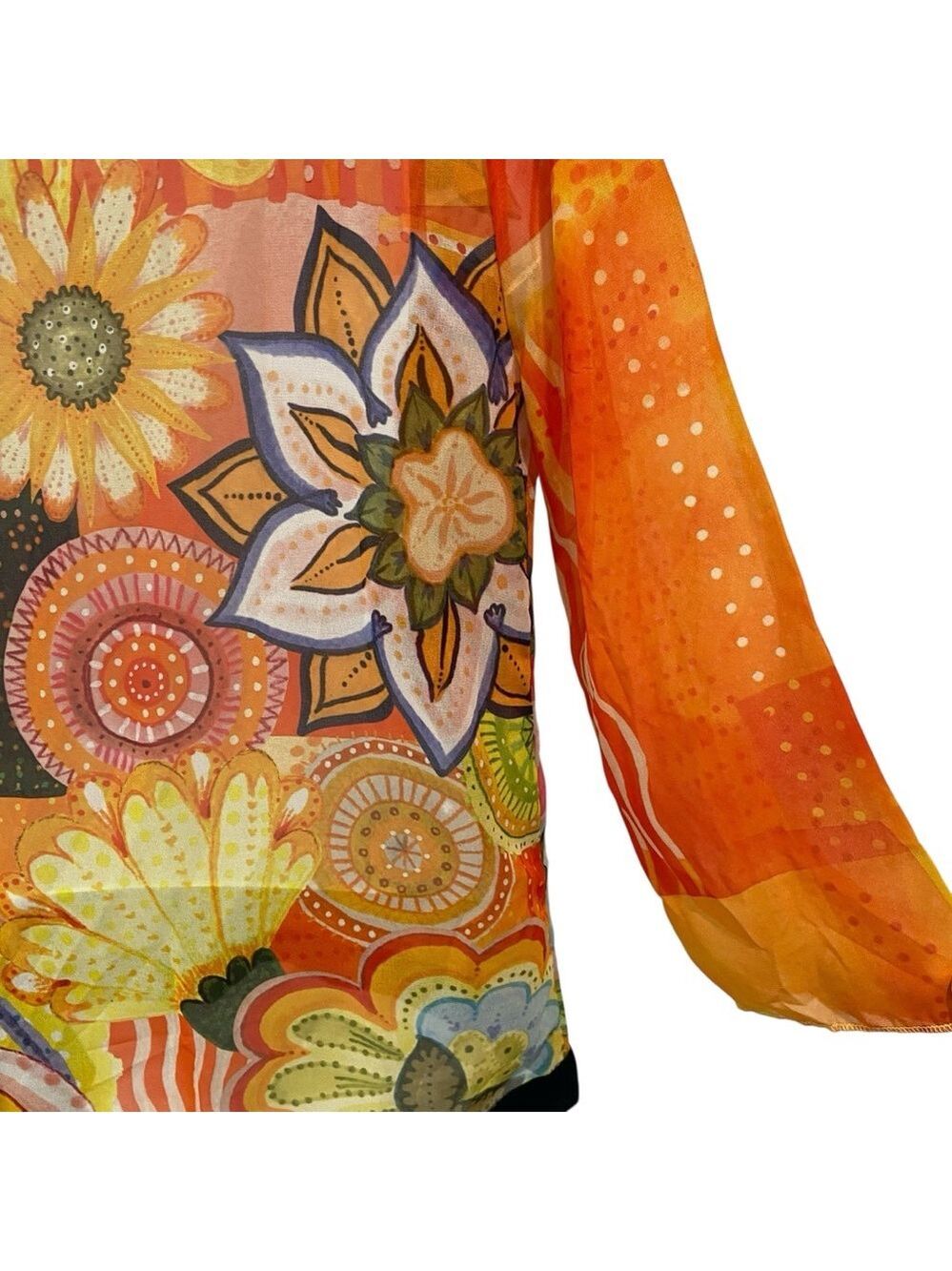 Desigual sheer festive top 3/4 sleeves floral Pom Pom V neckline orange yellow - Picture 8 of 16